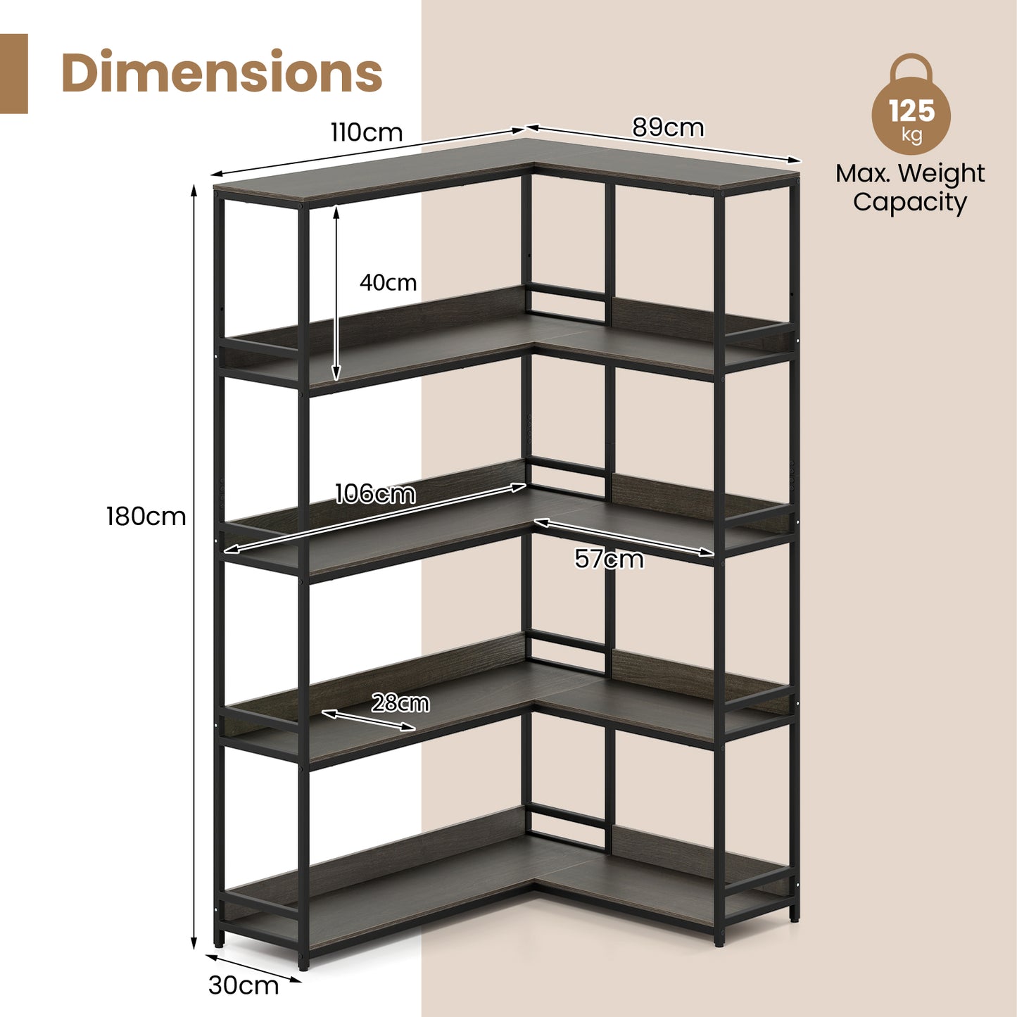 5-Tier Corner Bookshelf with Metal Frame for Living Room-Oak