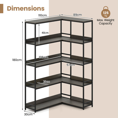 5-Tier Corner Bookshelf with Metal Frame for Living Room-Oak