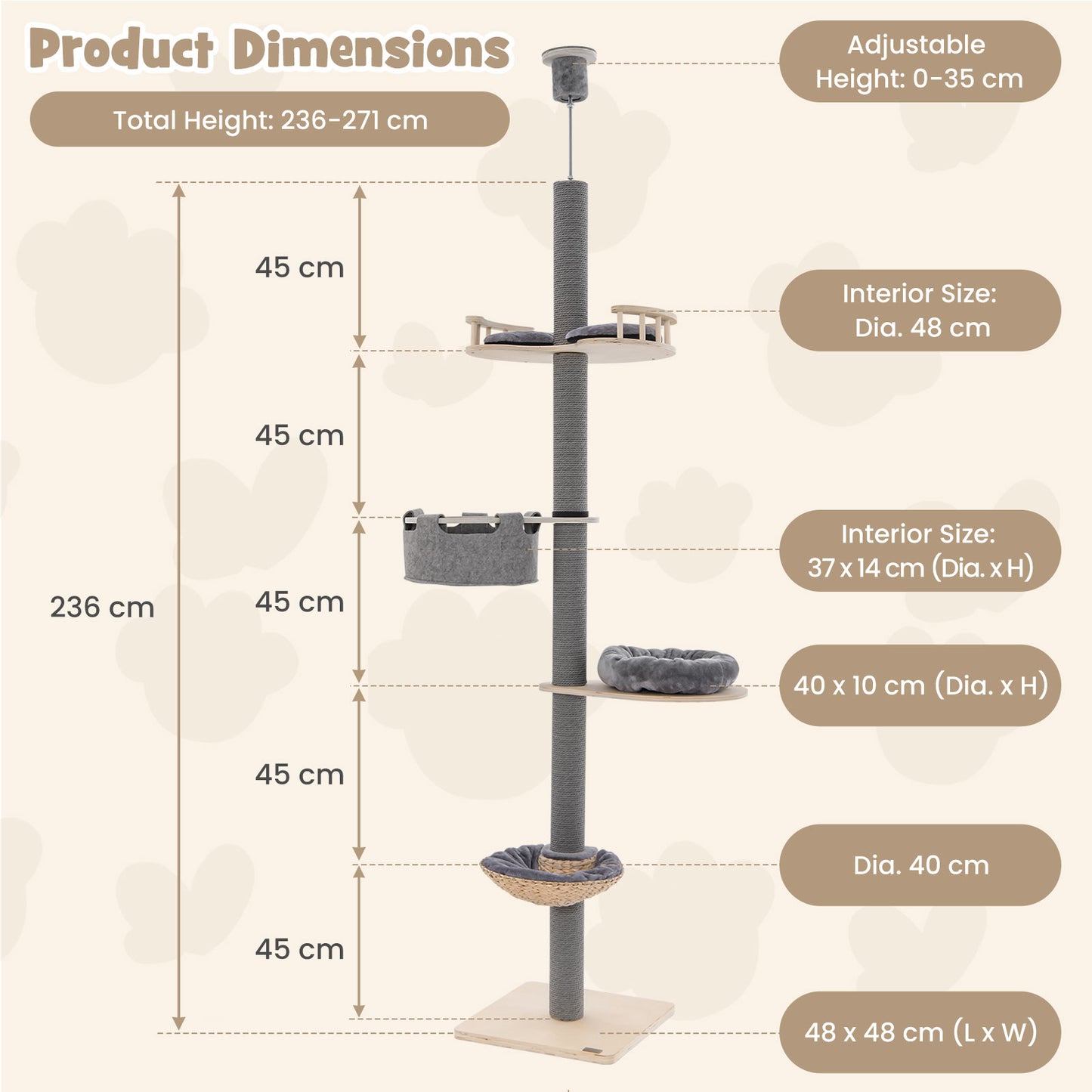 5-Tier Wooden Cat Tower Floor to Ceiling Cat Tree with Adjustable Height-Grey