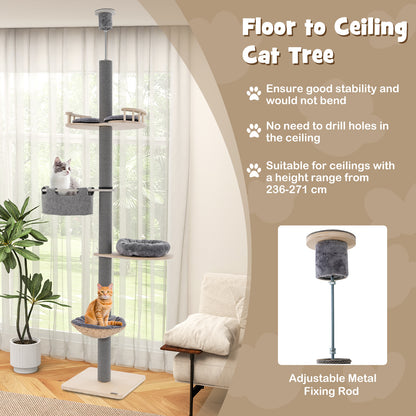 5-Tier Wooden Cat Tower Floor to Ceiling Cat Tree with Adjustable Height-Grey