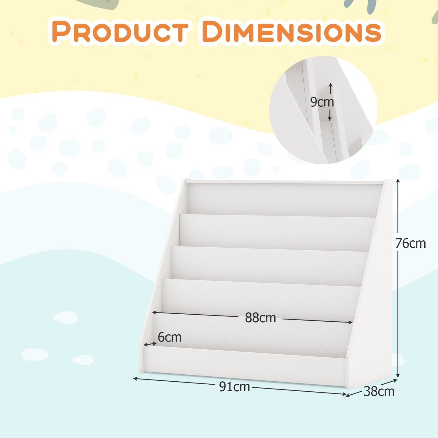 5-Tier Wooden Toddler Book Shelf Stand with Deep Compartments-White