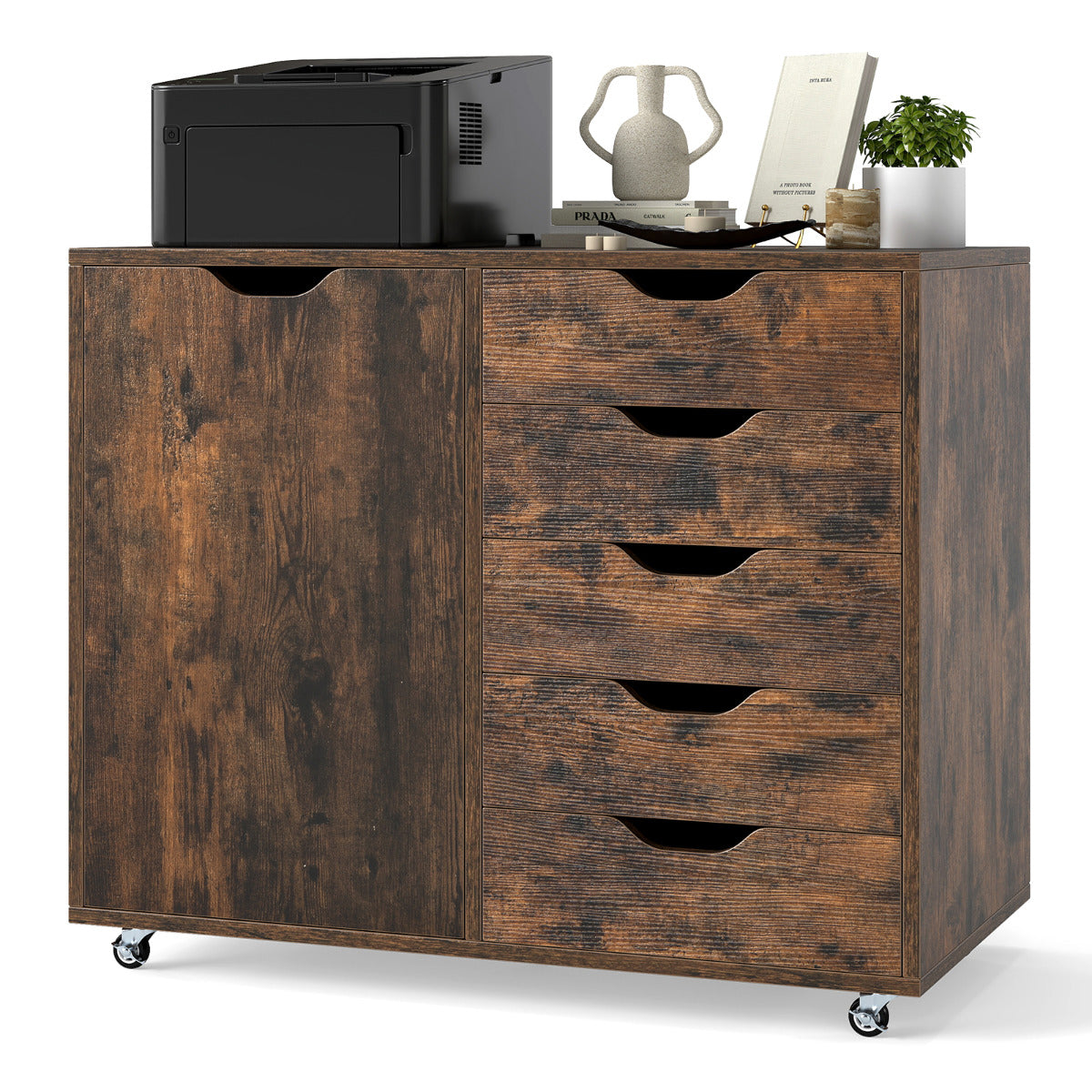 5-Drawer Chest with Door and Adjustable Shelf-Rustic Brown