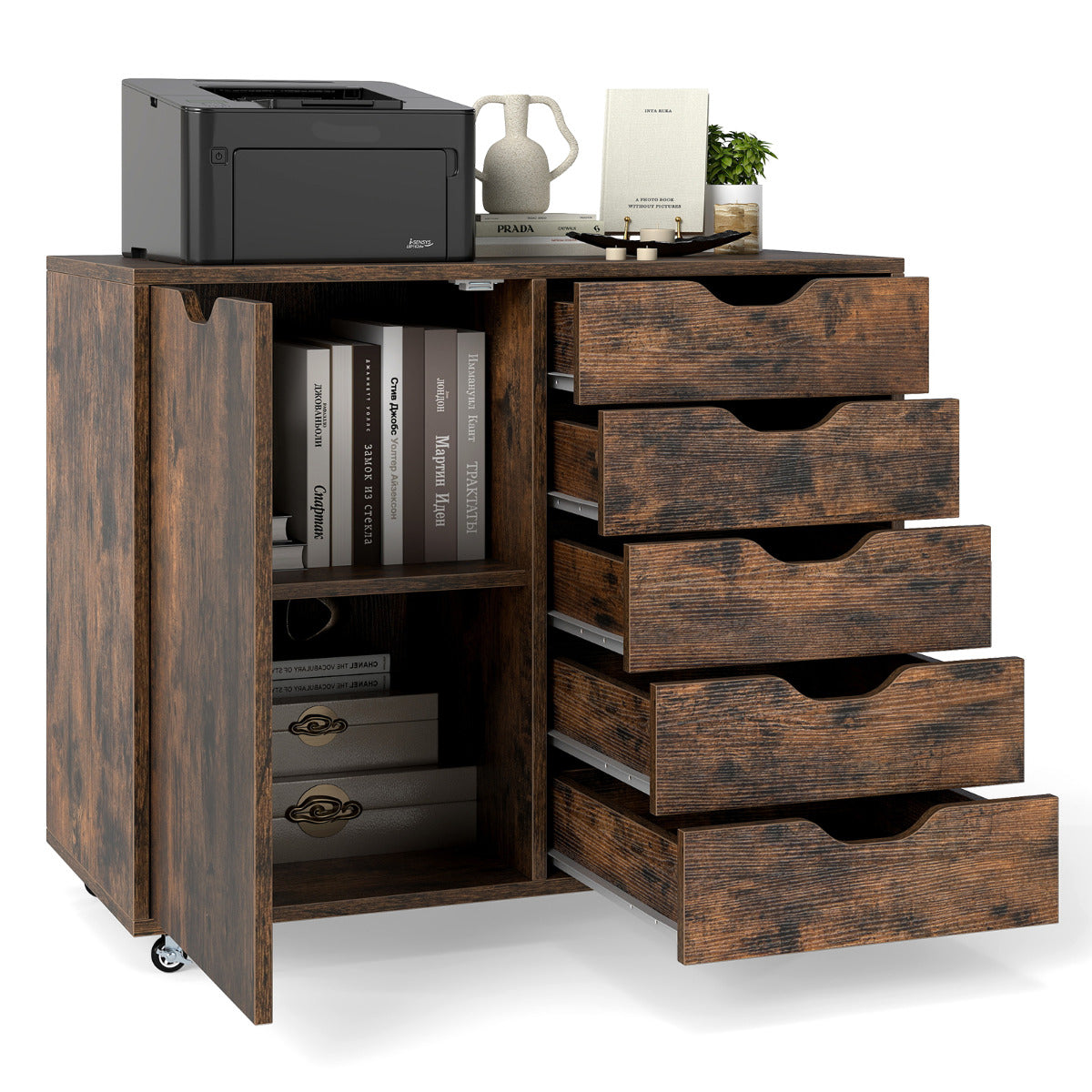 5-Drawer Chest with Door and Adjustable Shelf-Rustic Brown