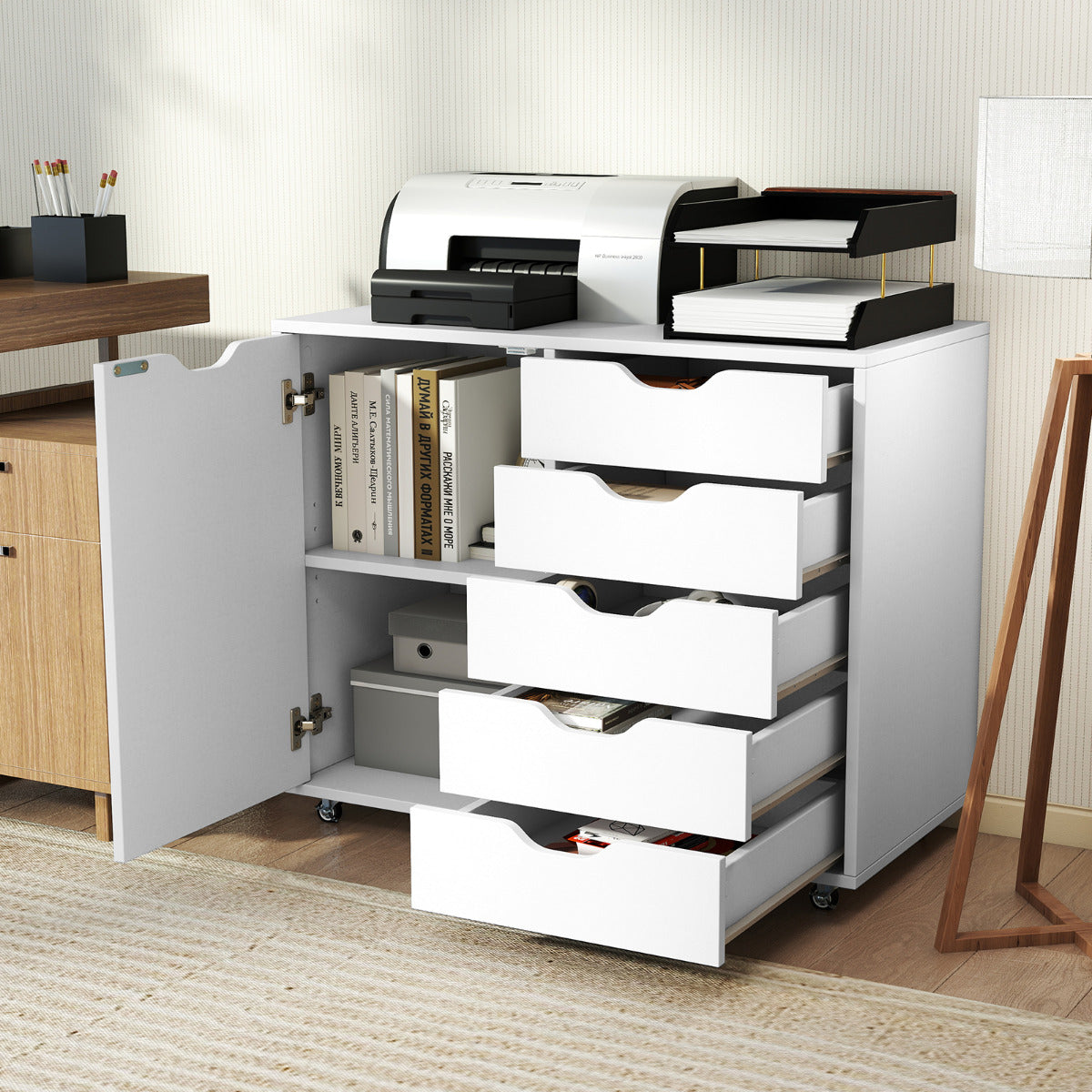 5-Drawer Chest with Door and Adjustable Shelf-White