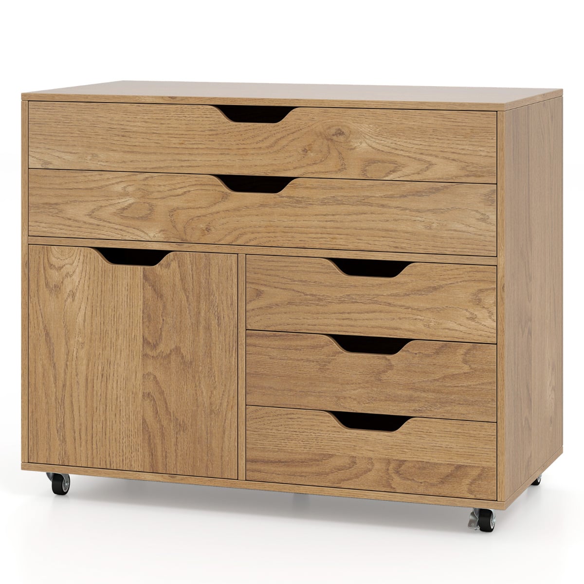 5-Drawer Chest with Door Mobile Chest of Drawers with 5 Casters-Natural