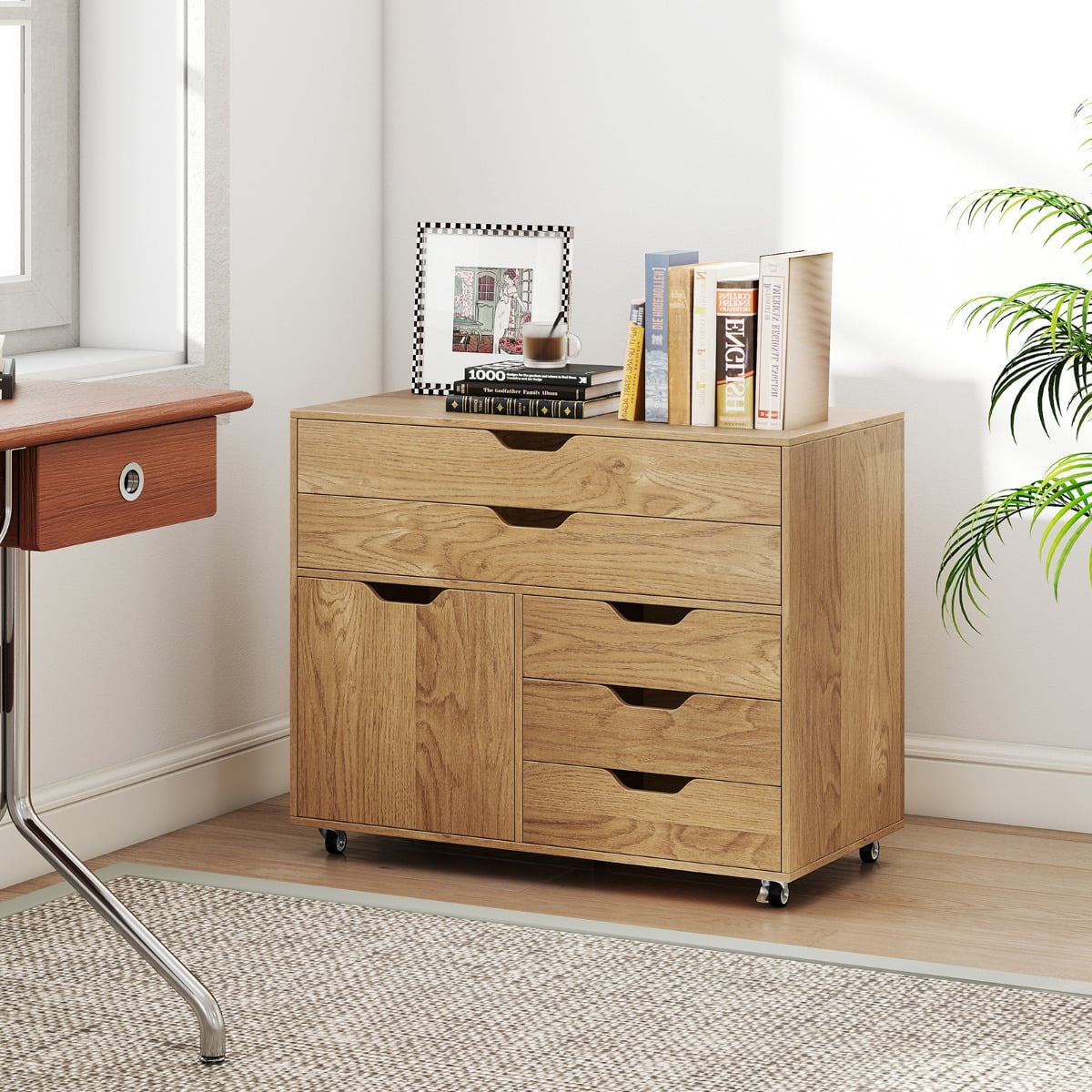 5-Drawer Chest with Door Mobile Chest of Drawers with 5 Casters-Natural