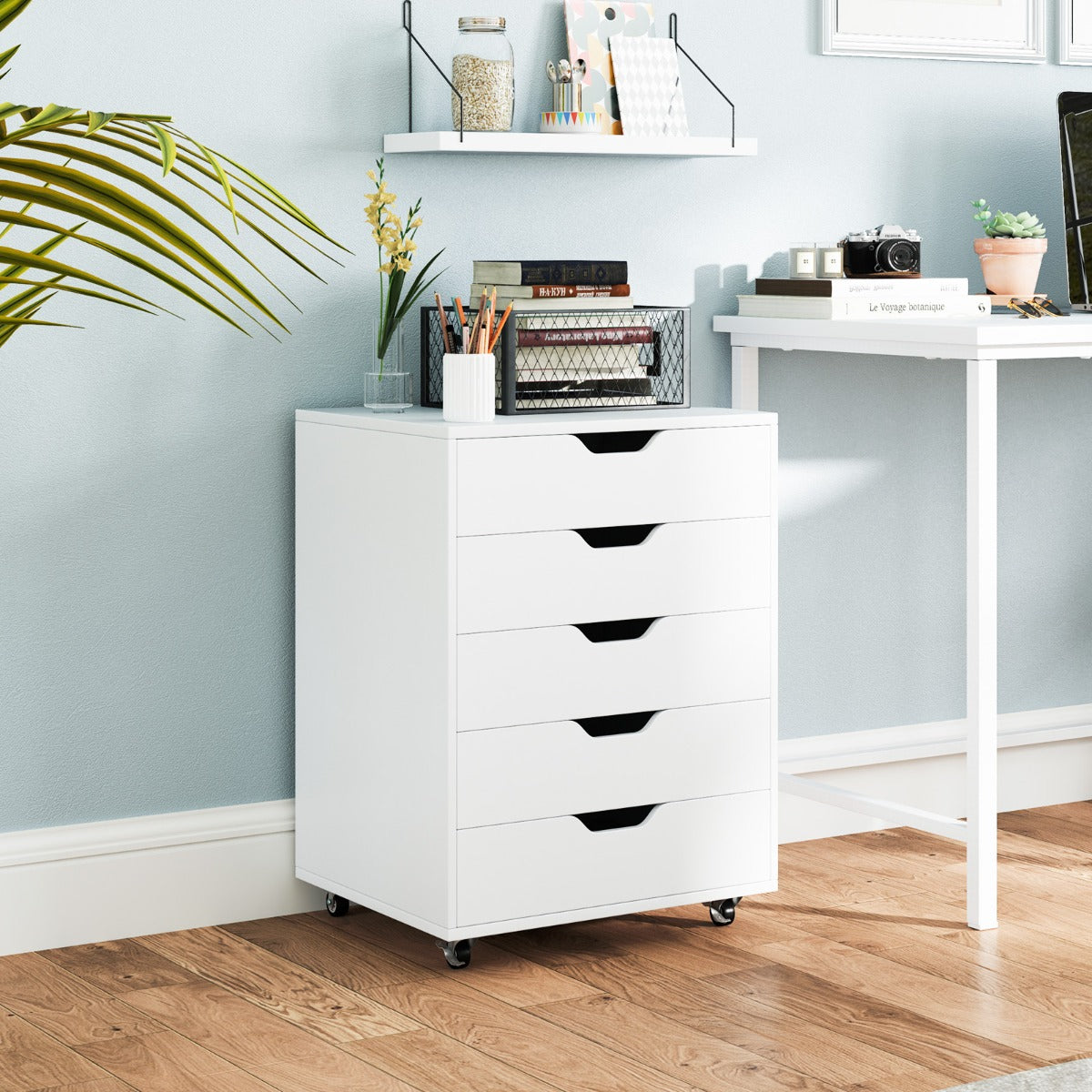 5 Drawer Chest with Lockable Wheels for Home Office-White