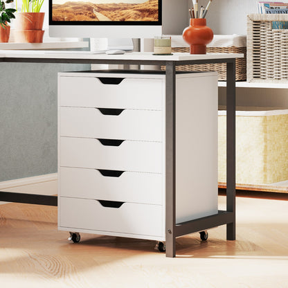 5 Drawer Chest with Lockable Wheels for Home Office-White