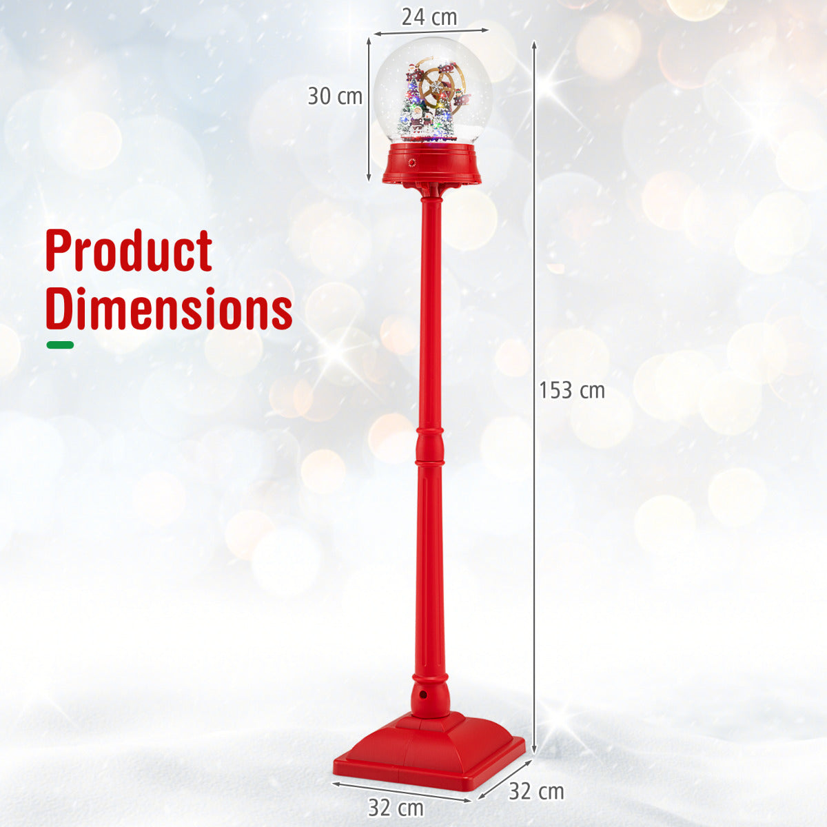 5 Ft Musical Christmas Street Lamp Snow Globe Lantern on Stand-Red