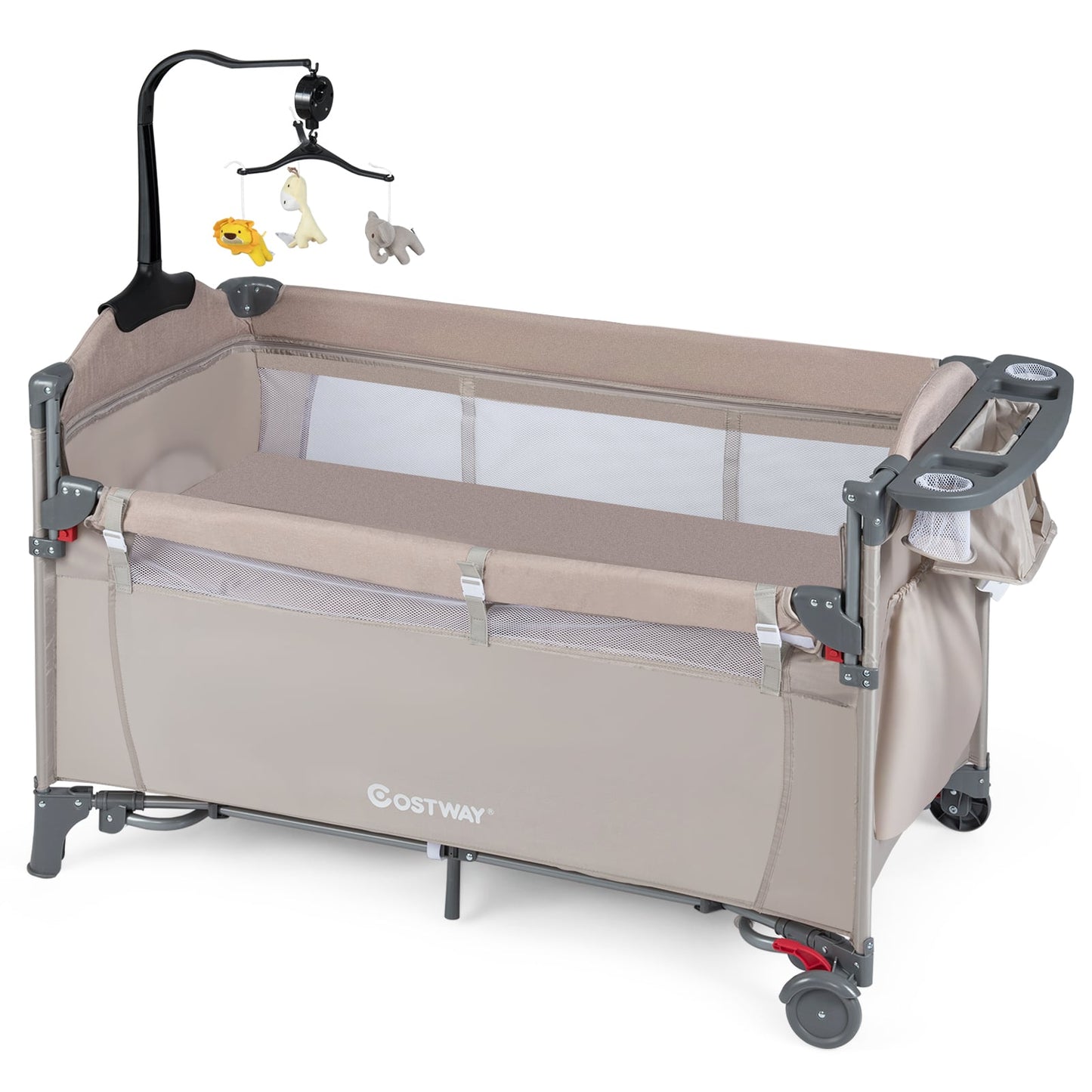 5-in-1 Baby Bassinet Bedside Sleeper with Diaper Changer and Hanging Toys-Sand Color