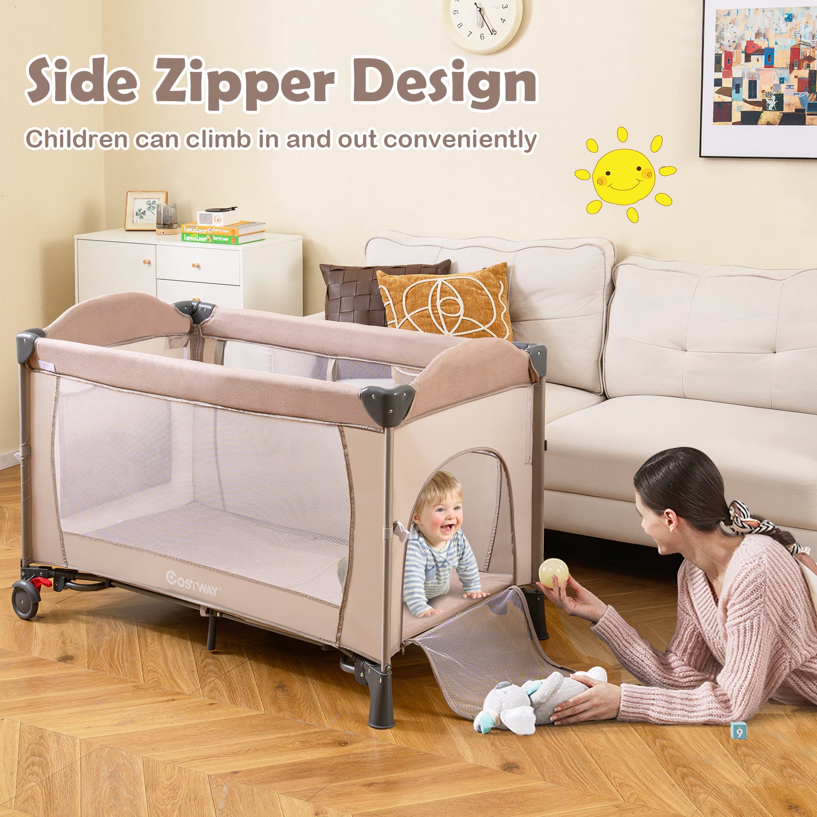 5-in-1 Baby Bassinet Bedside Sleeper with Diaper Changer and Hanging Toys-Sand Color