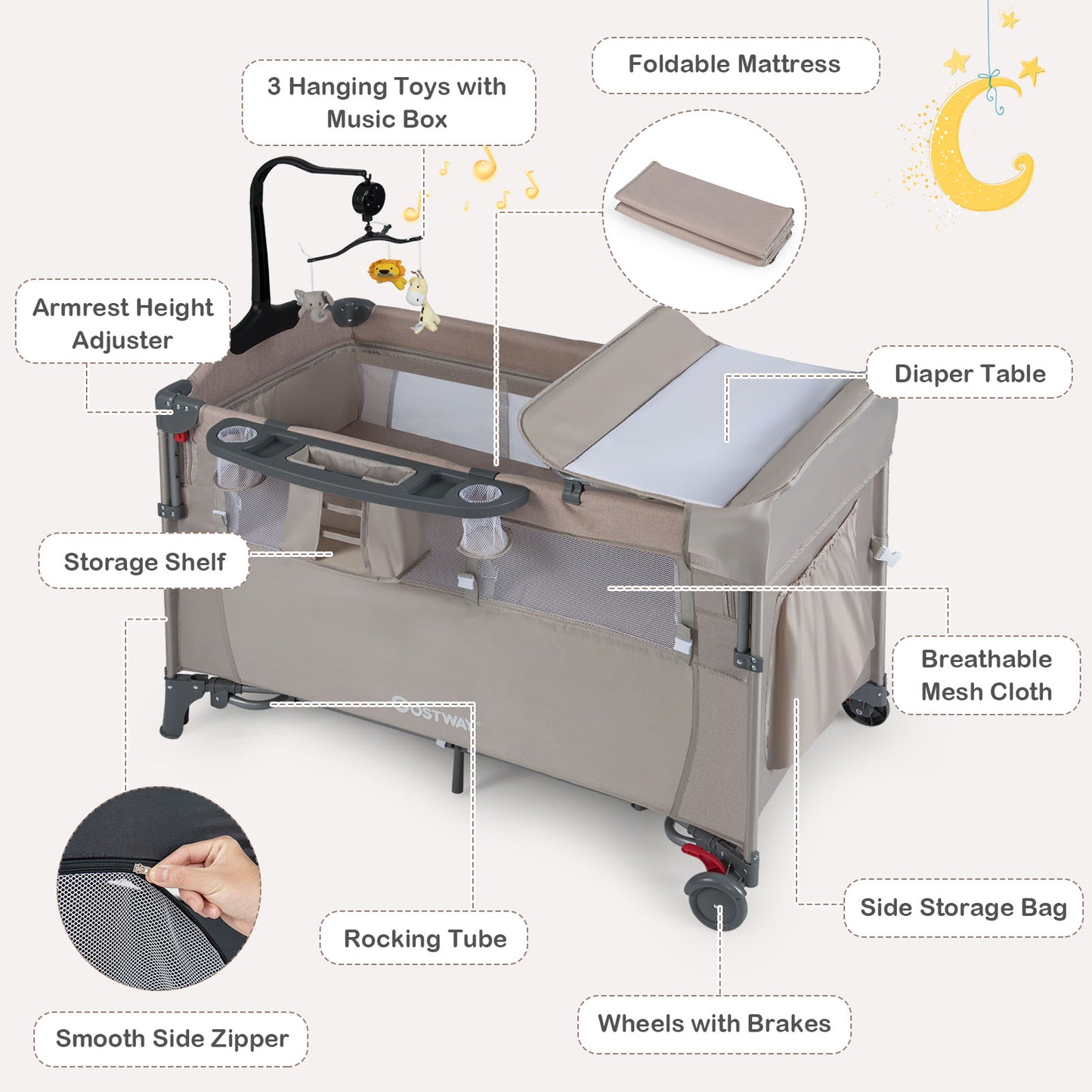 5-in-1 Baby Bassinet Bedside Sleeper with Diaper Changer and Hanging Toys-Sand Color