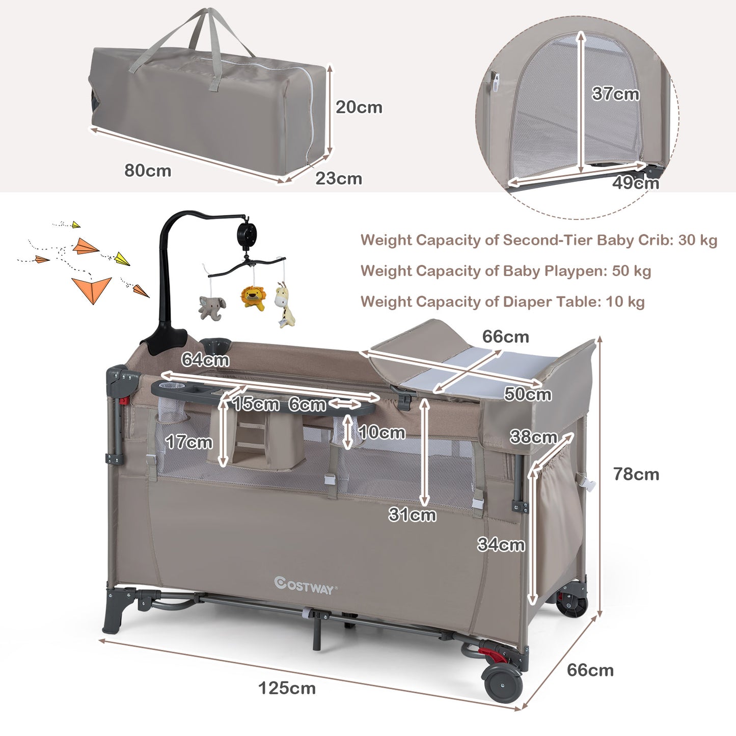 5-in-1 Baby Bassinet Bedside Sleeper with Diaper Changer and Hanging Toys-Sand Color