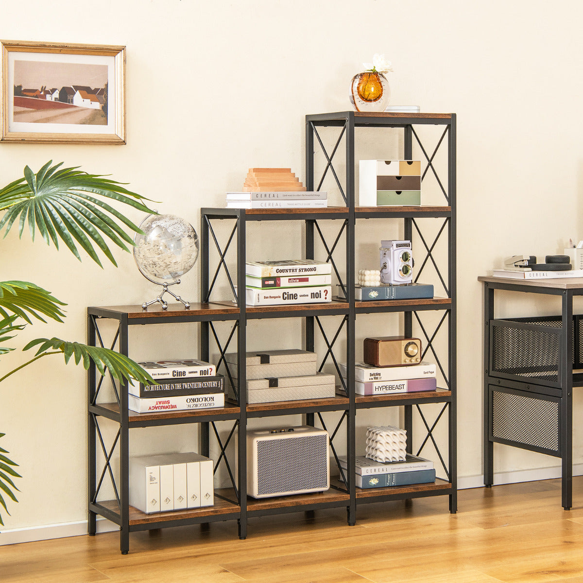 5-Tier Bookshelf with Carbon Steel Frame and Anti-Tipping Kits-Rustic Brown