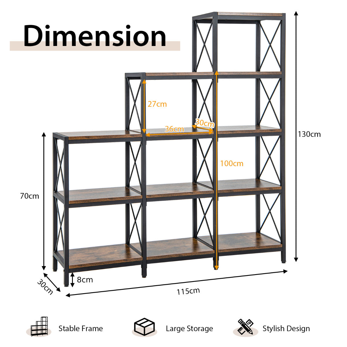 5-Tier Bookshelf with Carbon Steel Frame and Anti-Tipping Kits-Rustic Brown