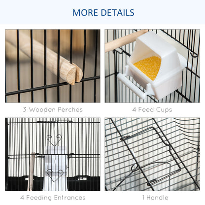 PawHut Large Metal Bird Cage with Stand, Perches, Food Bowls, Swing, for Budgies, Parakeets, Black