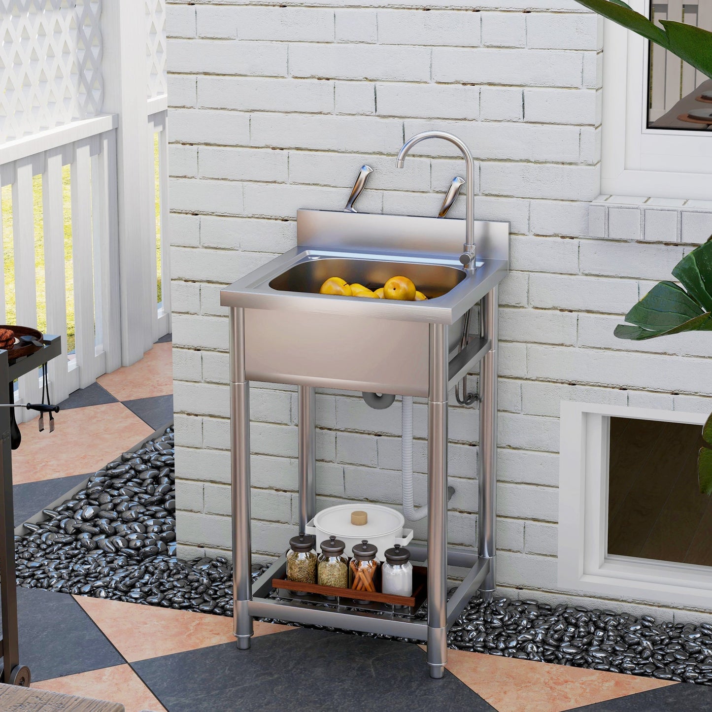 HOMCOM Outdoor Utility Sink, Stainless Steel Free Standing Single Bowl Kitchen Sink with Cold and Hot Water Pipe and Storage Shelf for Laundry Garage, 55 x 50 x 100 cm