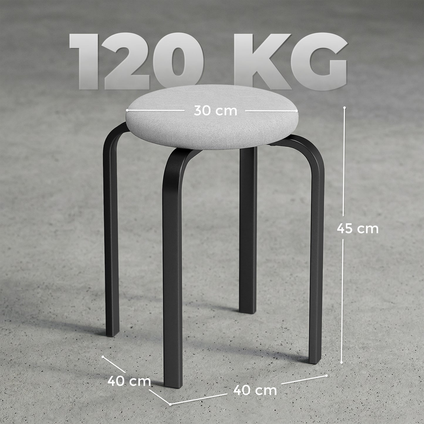 HOMCOM Stackable Stools Modern Cushioned Round Backless Stools Set of 4 Kitchen Dining Room Grey