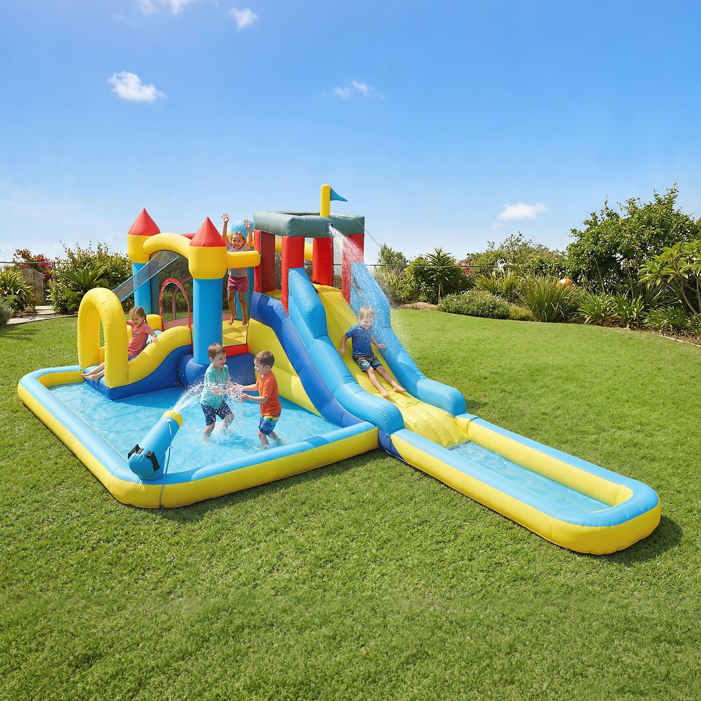 AIYAPLAY Inflatable Bouncy Castle, Kids Water Bounce House 6 in 1 with 550W Blower, 2 Slides for Garden, Party, Outdoor Indoor