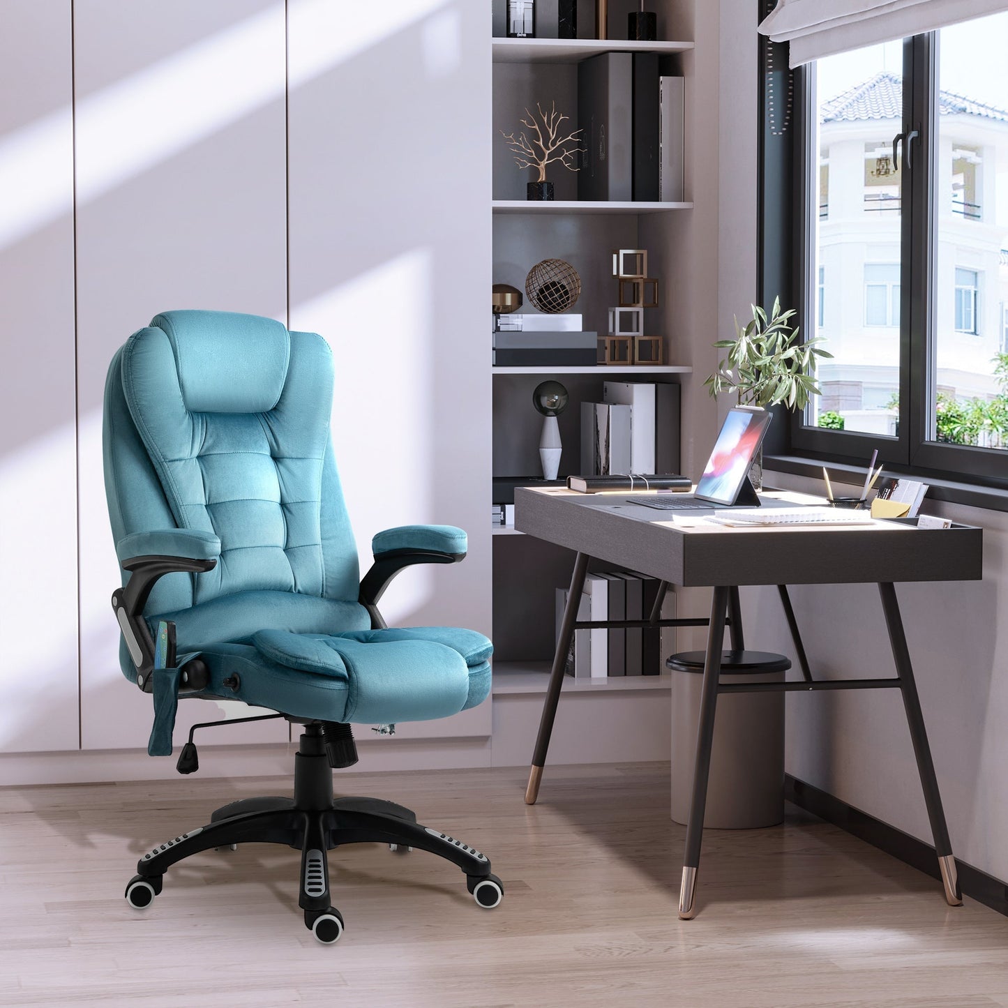 Vinsetto Massage Recliner Chair Heated Office Chair with Six Massage Points Velvet-Feel Fabric 360 Swivel Wheels Blue