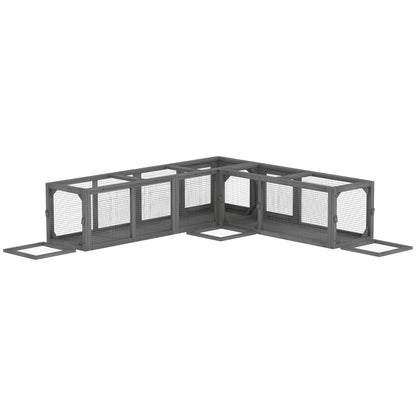 PawHut Cat Tunnel, 250cm Extra Long Wooden Cat Play Tunnel with 8 Doors, L-shape/Rectangle, Outdoor Cat Enclosure, Dark Grey