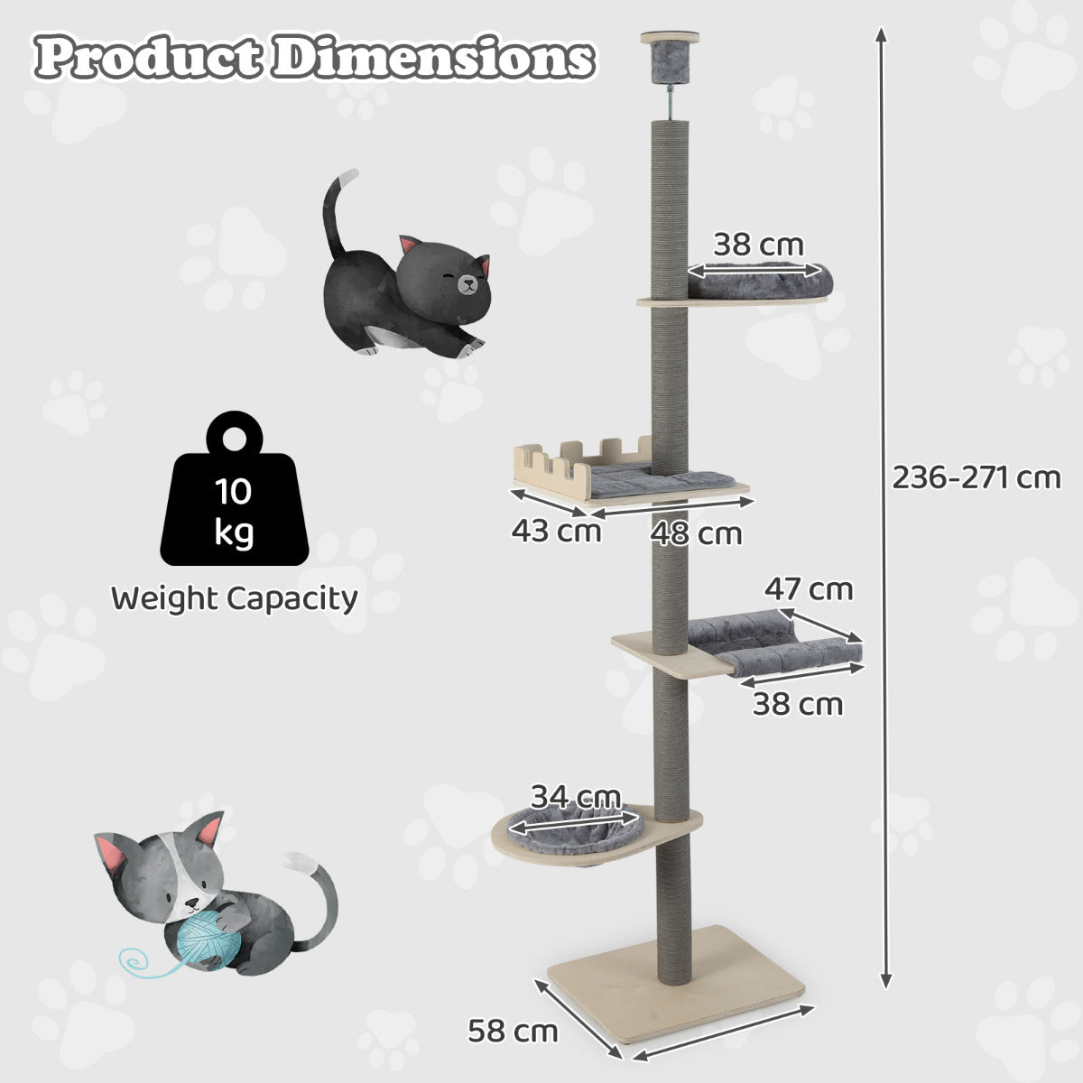 236-271 cm Height Adjustable 5-tier Floor to Ceiling Cat Tree -Grey
