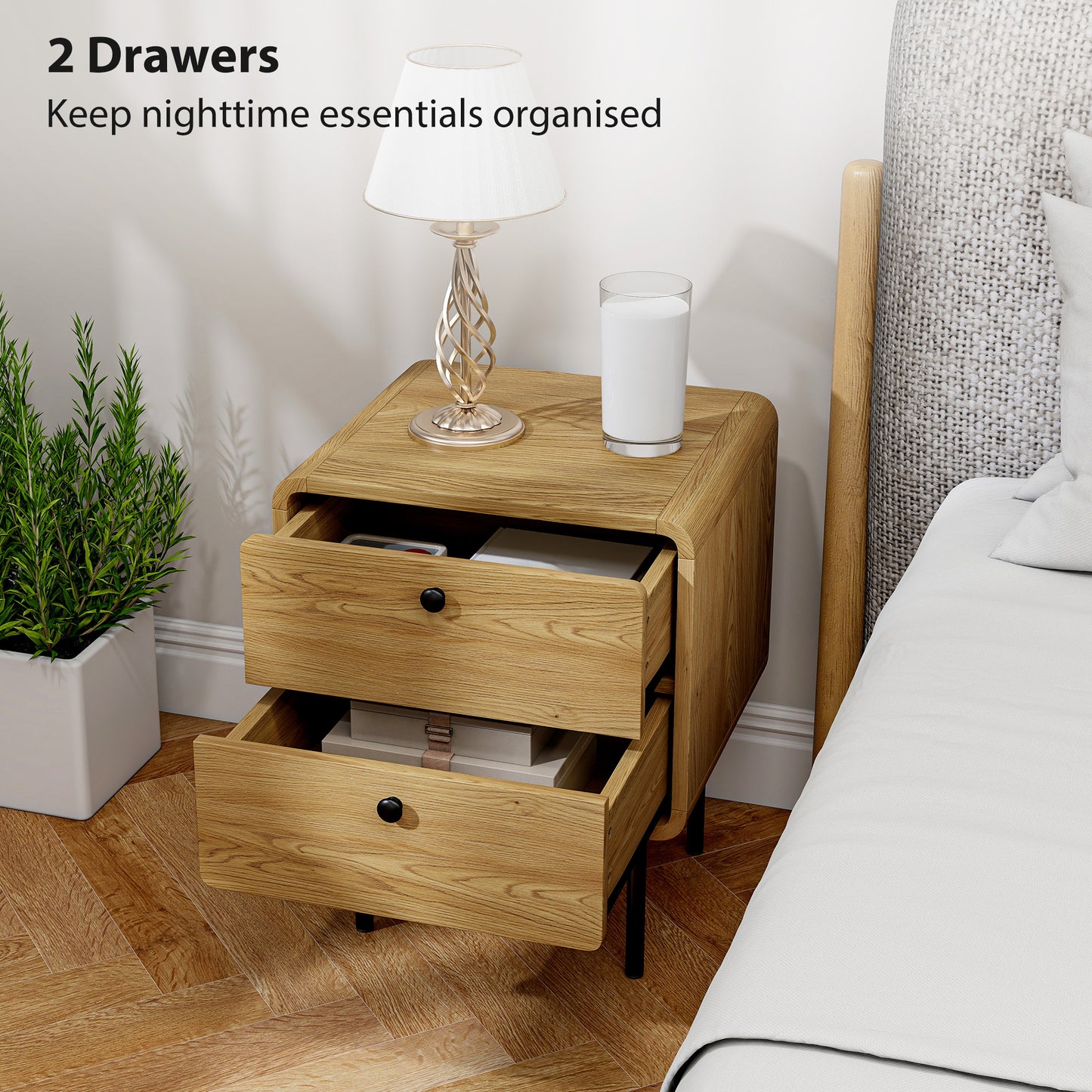 HOMCOM Bedside Table with 2 Drawers and Steel Legs - Oak