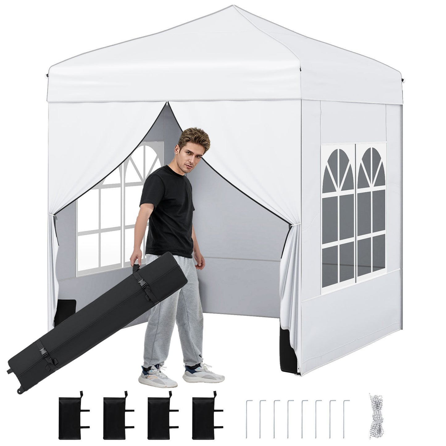 6.5 x 6.5 FT Pop up Canopy Tent Outdoor Patio Commercial Sunshade Shelter with 4 Sidewalls-White