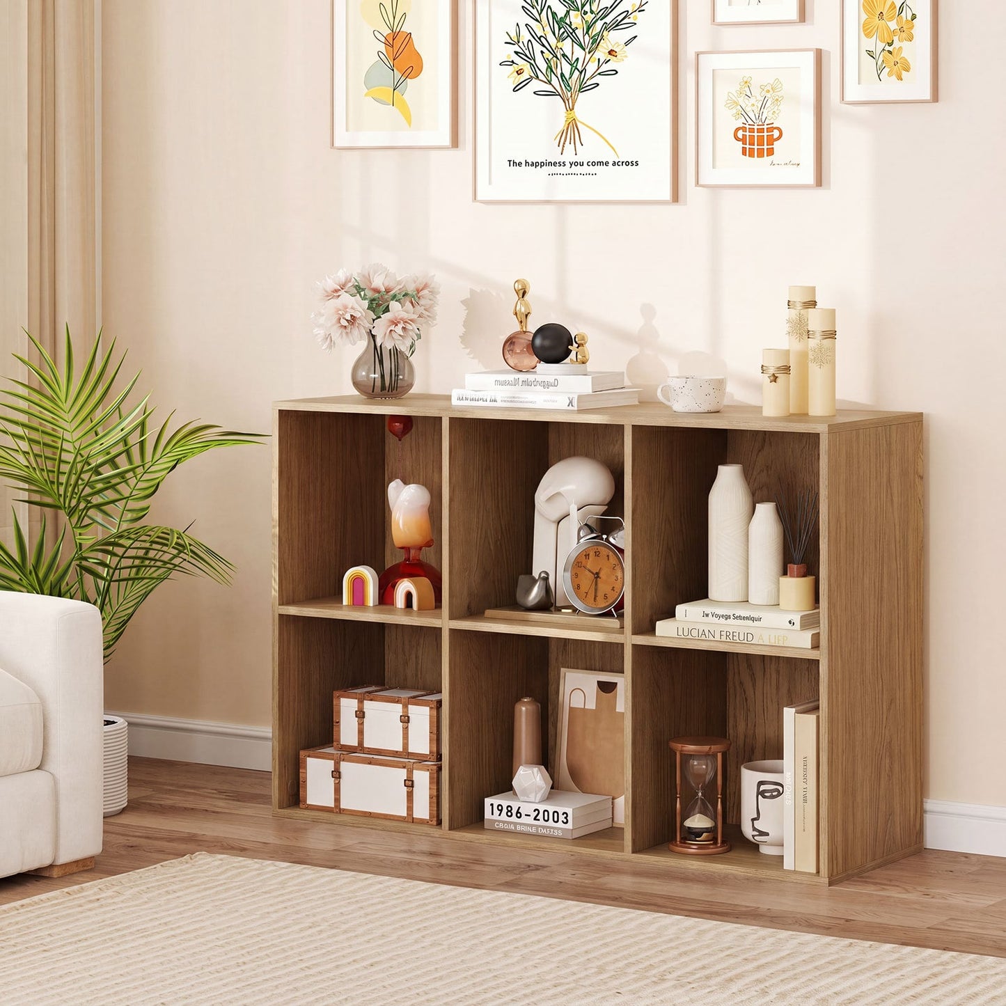 6-Cube Bookcase 3-Tier Storage Organizer with Anti-Tipping Kits for Living Room Study-Natural
