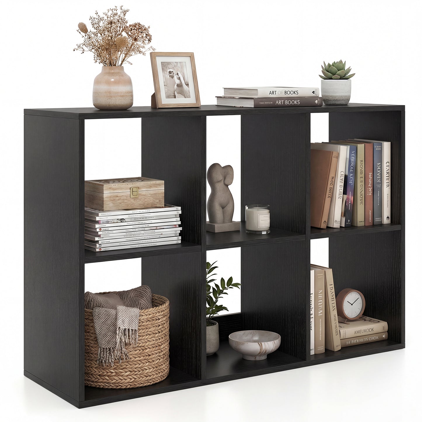 6-Cube Bookshelf with Back Guardrail and Anti-tipping Kits-Black