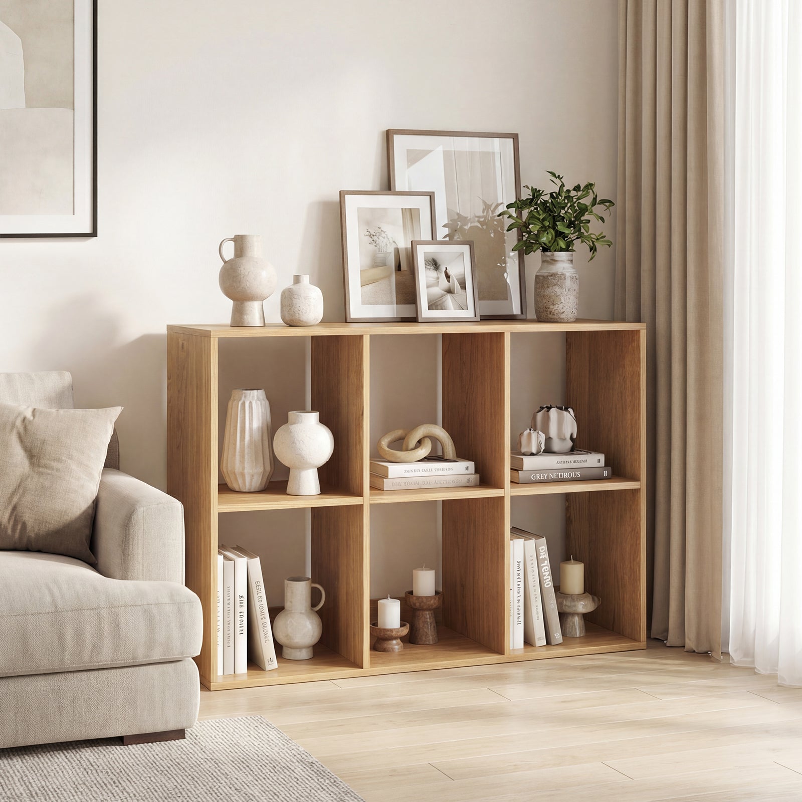 6-Cube Bookshelf with Back Guardrail and Anti-tipping Kits-Natural