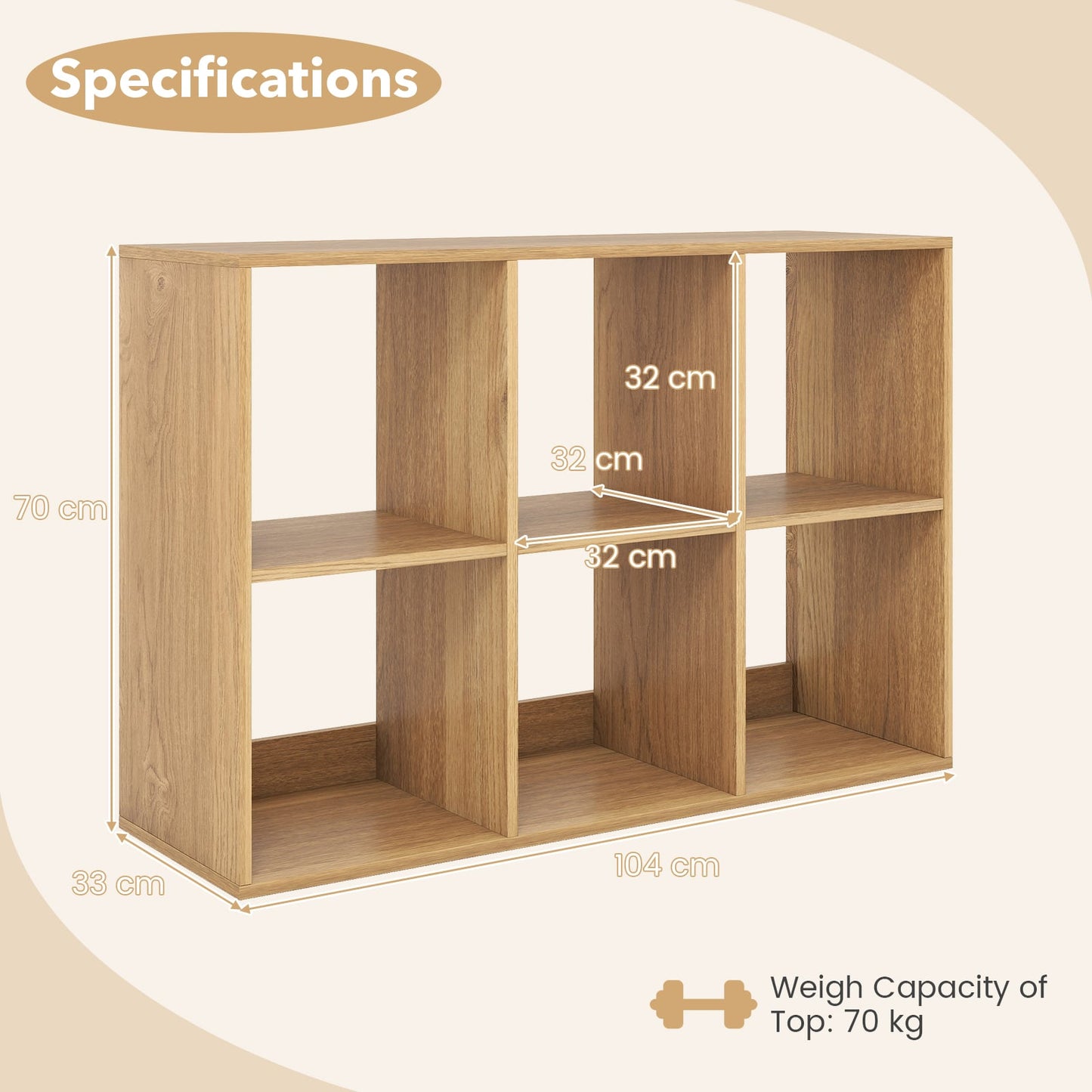 6-Cube Bookshelf with Back Guardrail and Anti-tipping Kits-Natural