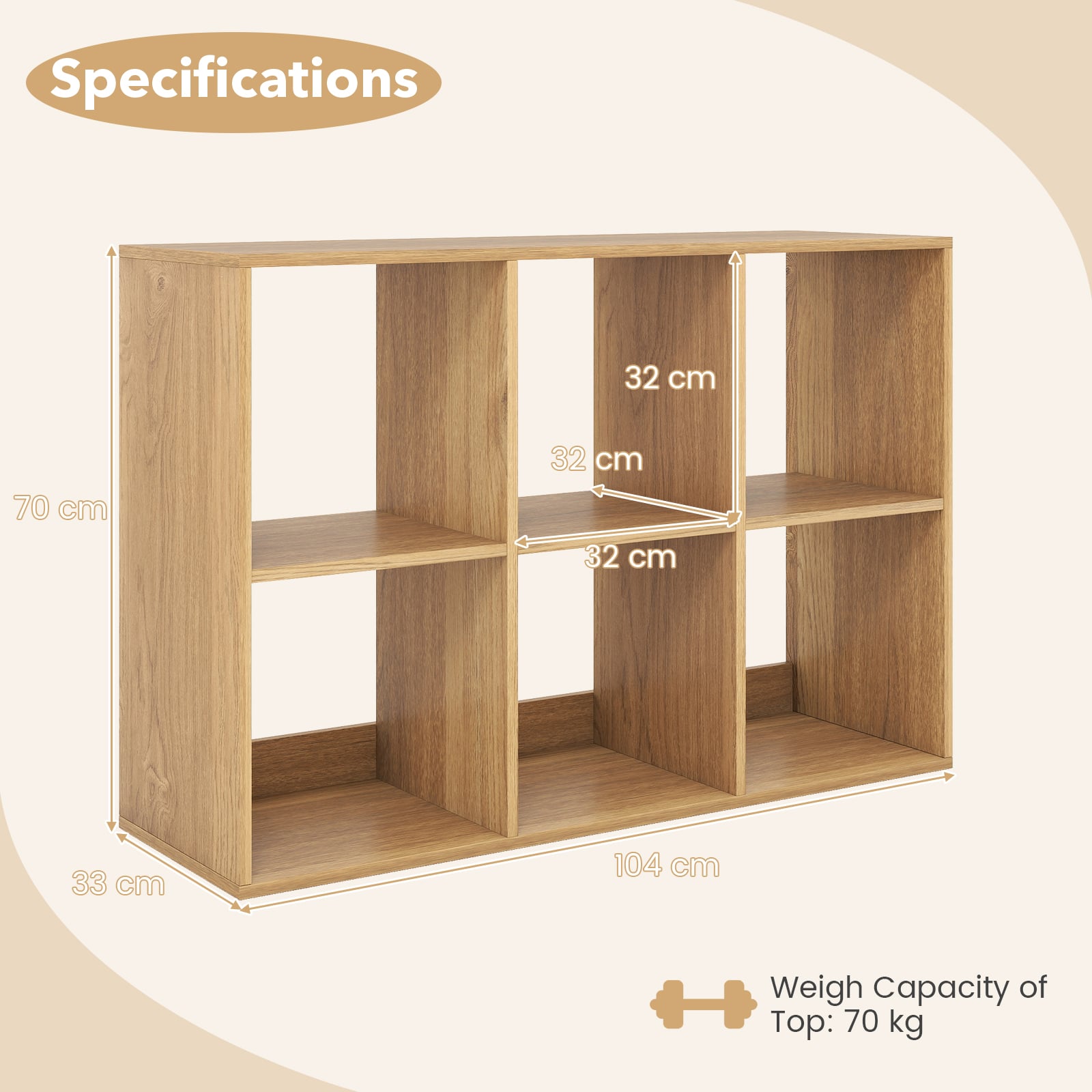 6-Cube Bookshelf with Back Guardrail and Anti-tipping Kits-Natural