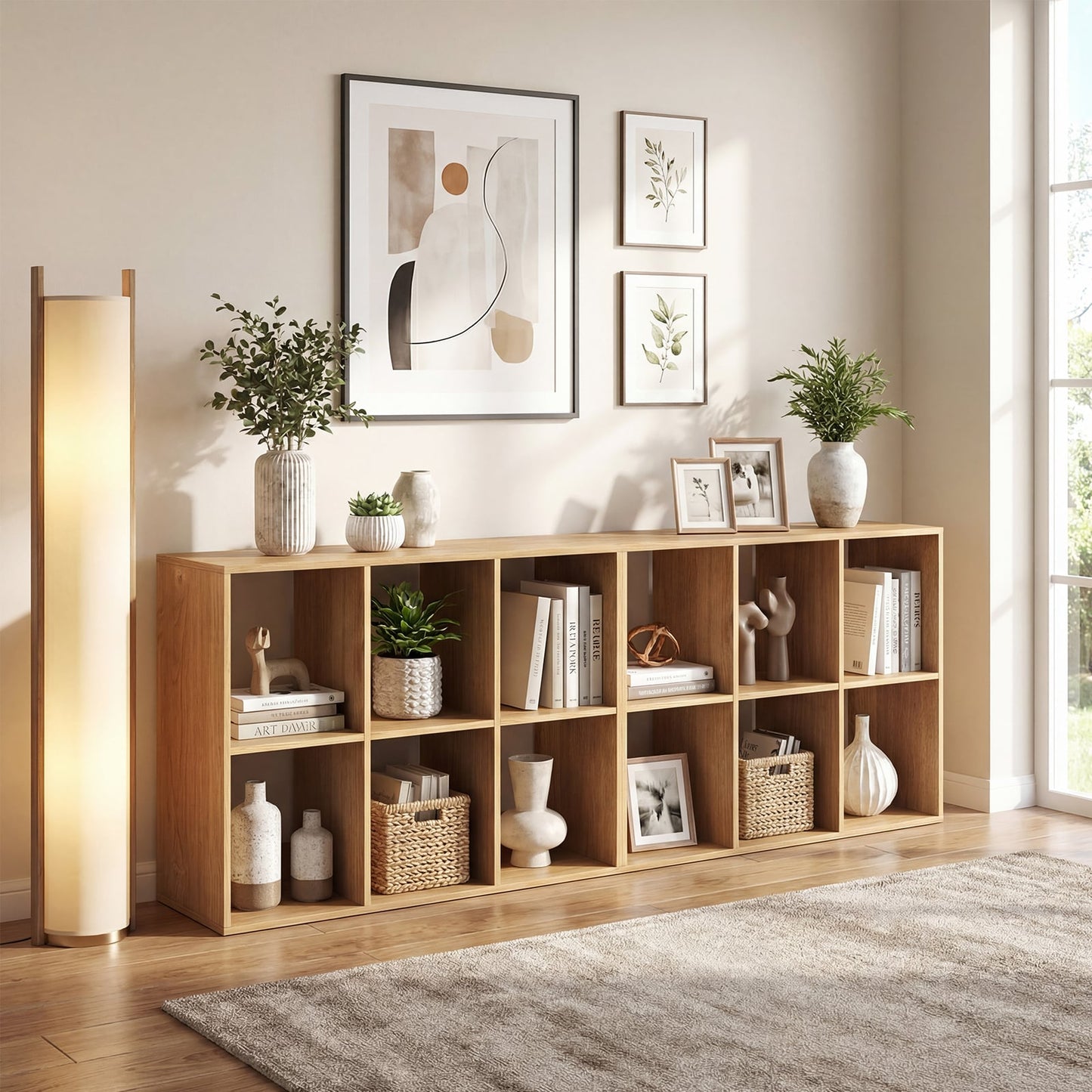 6-Cube Bookshelf with Back Guardrail and Anti-tipping Kits-Natural