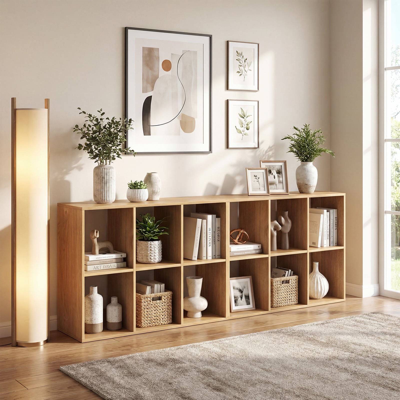 6-Cube Bookshelf with Back Guardrail and Anti-tipping Kits-Natural