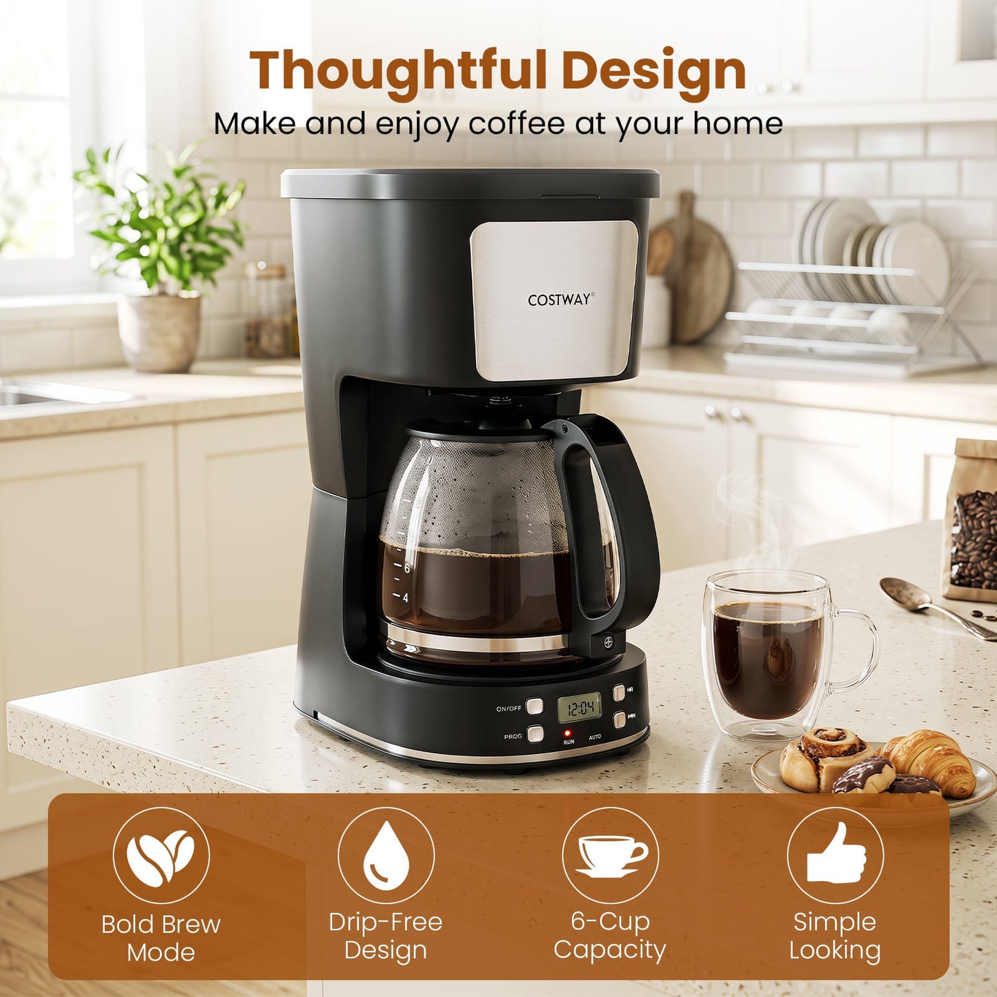 6 Cup Drip Coffee Machine with Glass Carafe and Reusable Filter