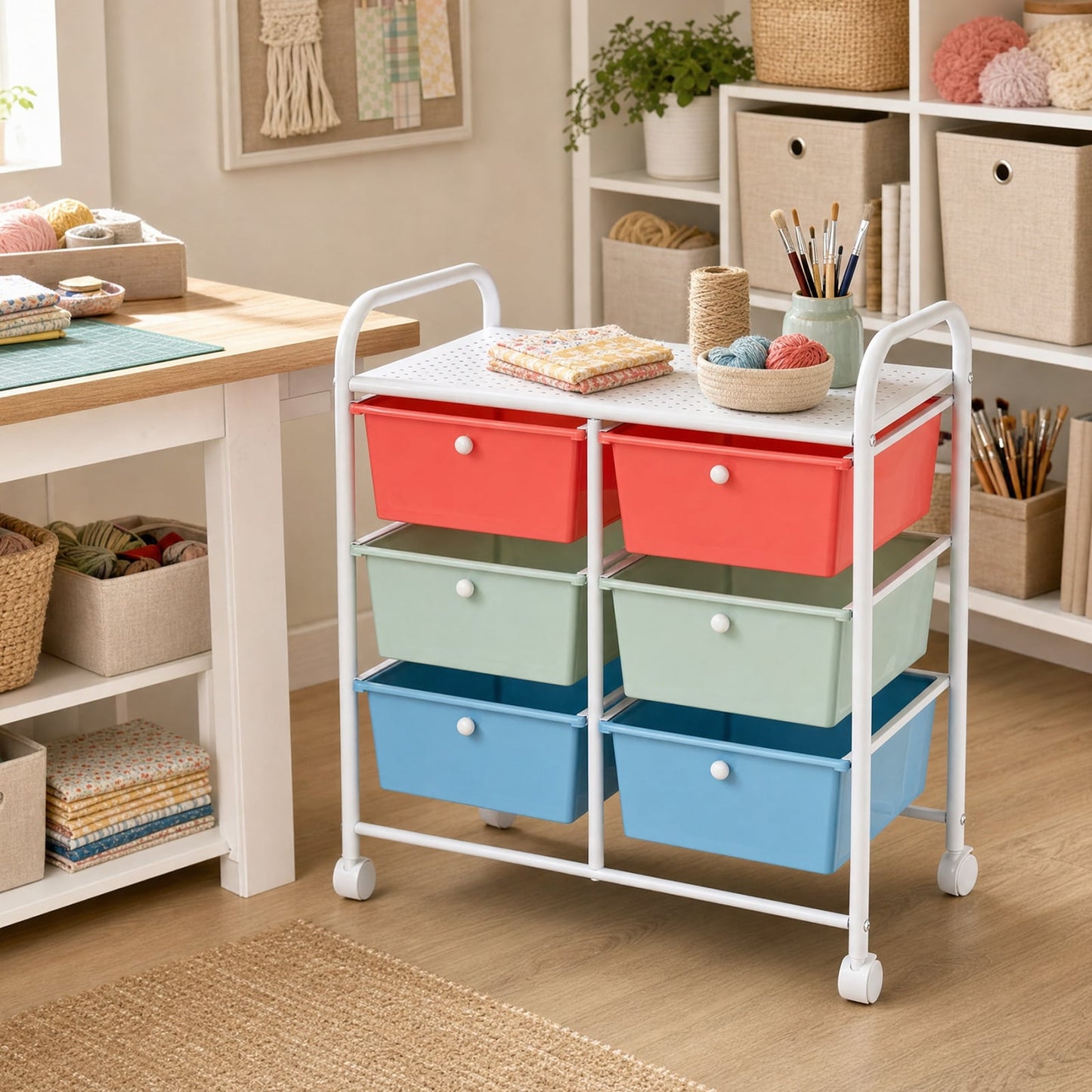 6-Drawer Rolling Storage Cart with 4 Universal Wheels and Metal Frame Spacious Tabletop-Multicolor