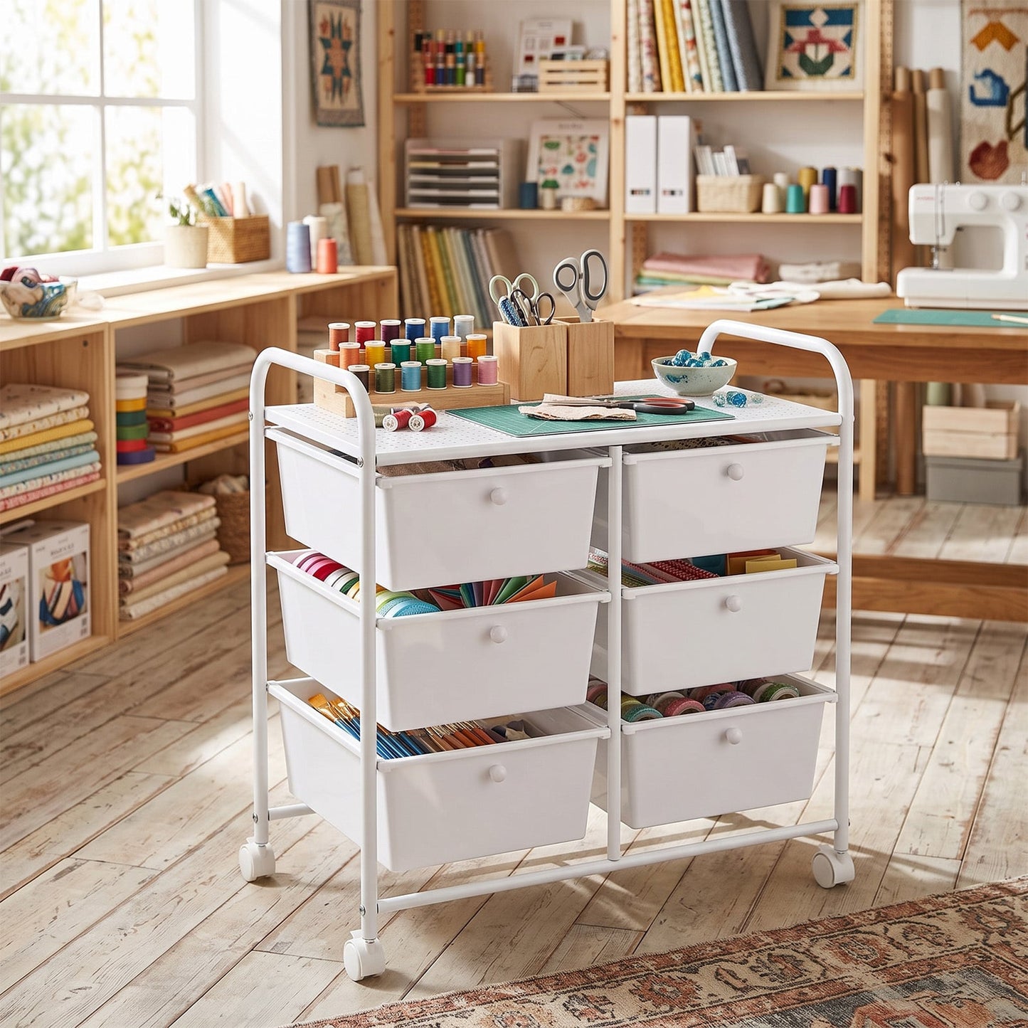 6-Drawer Rolling Storage Cart with 4 Universal Wheels and Metal Frame Spacious Tabletop-White