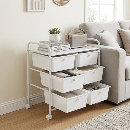 6-Drawer Rolling Storage Cart with 4 Universal Wheels and Metal Frame Spacious Tabletop-White