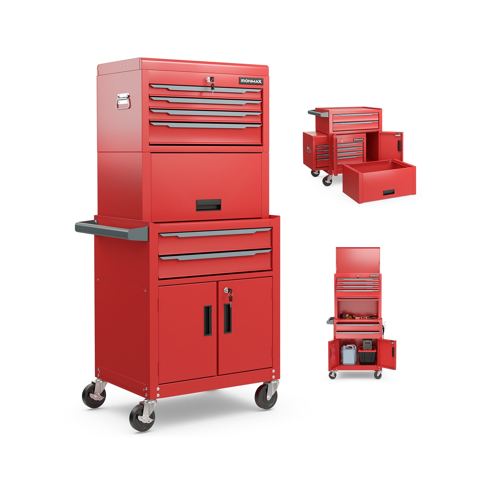 6-Drawer Rolling Tool Chest with Universal Wheels and Hooks-Red-M