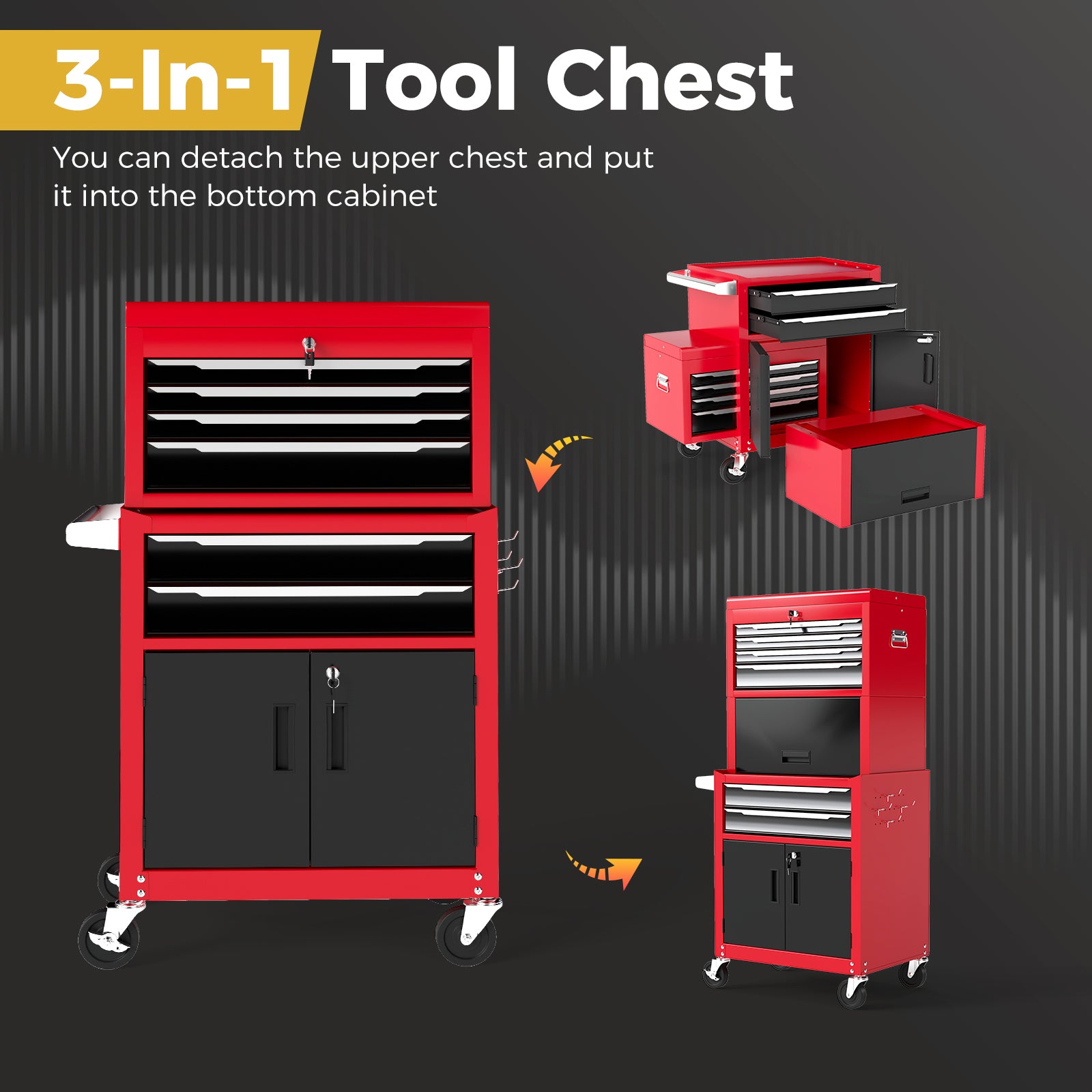 6-Drawer Rolling Tool Chest with Universal Wheels and Hooks-Red & Black-M