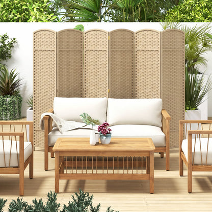 6-Panel Room Divider Folding Privacy Screen with Hand-woven Texture-Beige