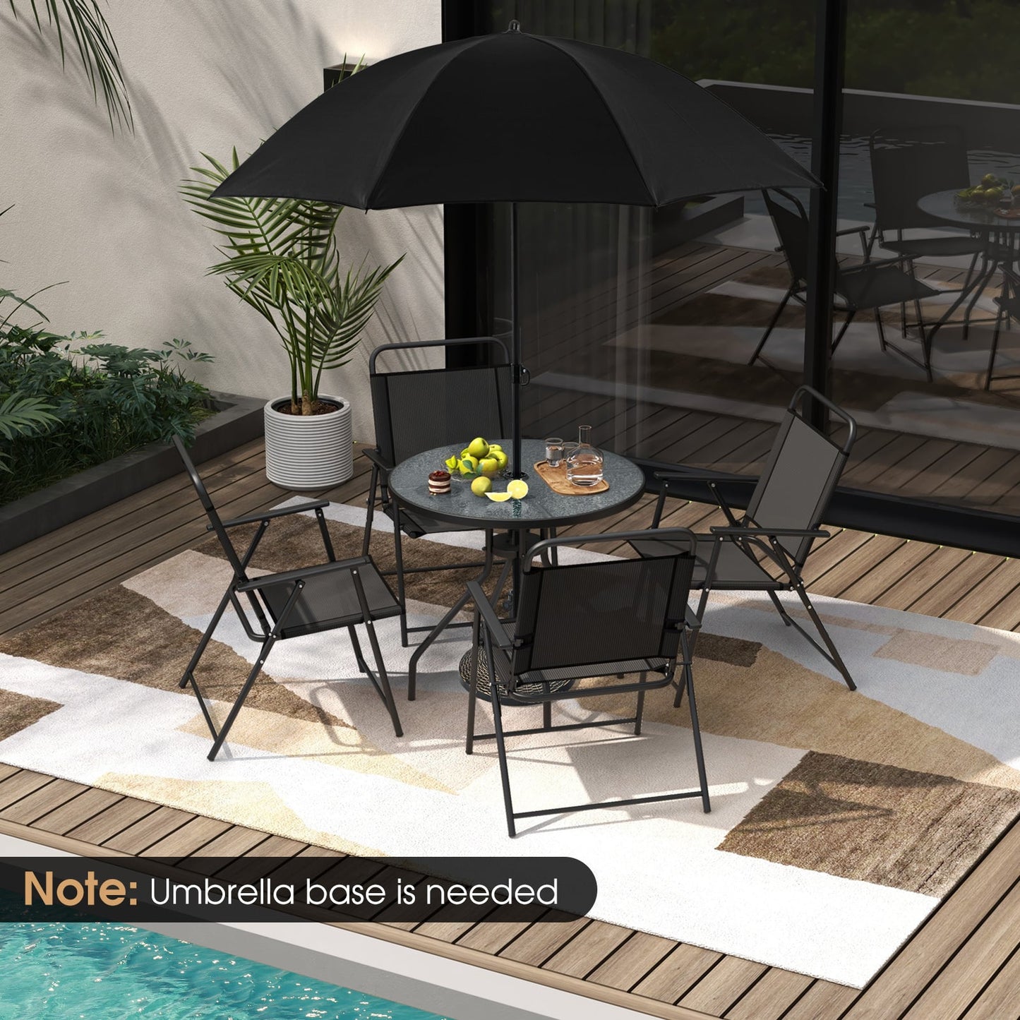 6 Piece Outdoor Dining Set with Detachable Umbrella for Poolside-Black