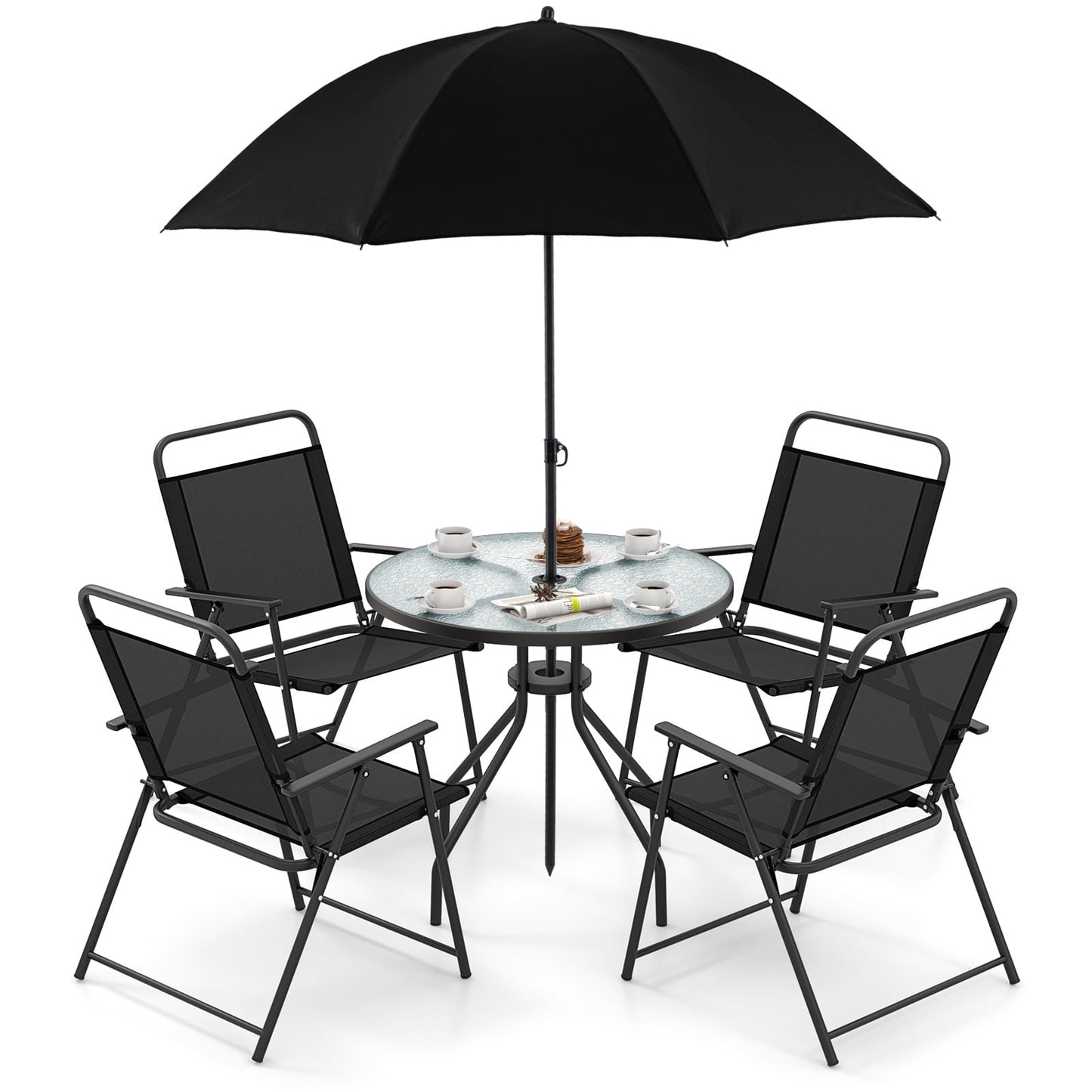 6 Piece Outdoor Dining Set with Detachable Umbrella for Poolside-Black