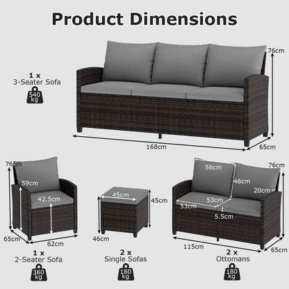 6 Pieces 9 Seats Patio Furniture Set with 3-Seat Sofa Loveseat Chair and 2 Ottomans-Grey