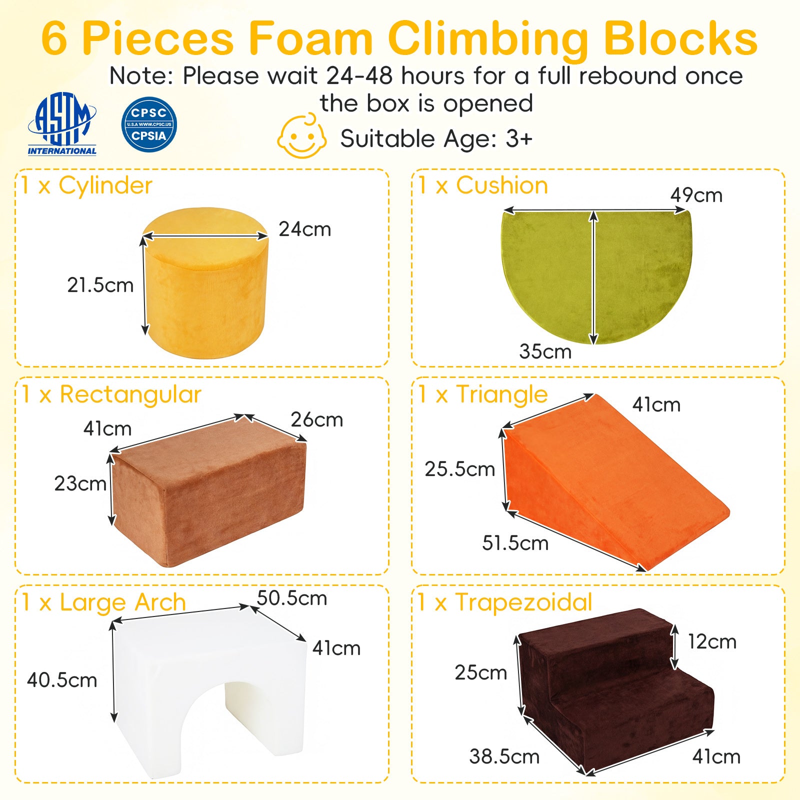 6 Pieces Foam Climbing Blocks for Kids with Slide and Tunnel for Toddlers 3+-White