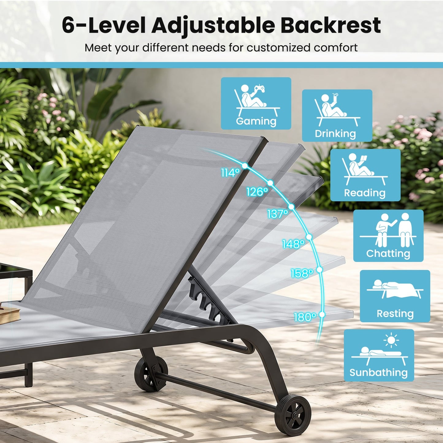 6-Position Outdoor Chaise Lounge Chair Set with Wheels and 180° Full Flat-Grey