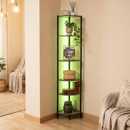 6-Tier Corner Shelf 68 inch Tall Narrow Display Bookshelf with LED Lights-Grey