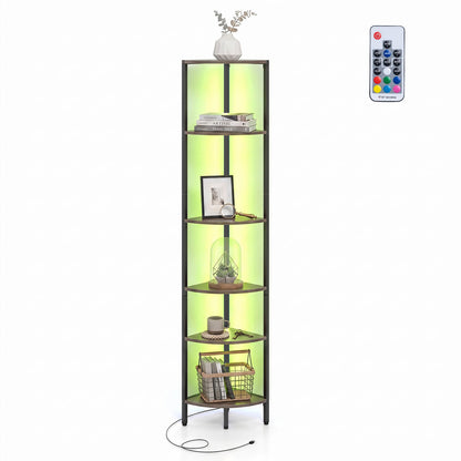 6-Tier Corner Shelf 68 inch Tall Narrow Display Bookshelf with LED Lights-Grey