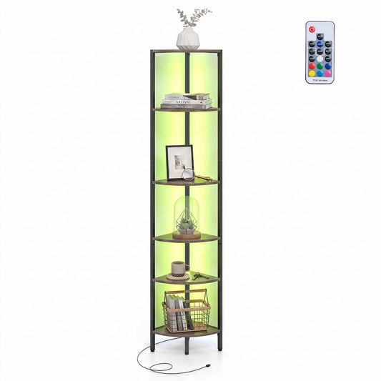 6-Tier Corner Shelf 68 inch Tall Narrow Display Bookshelf with LED Lights-Grey